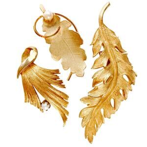 VTG Signed Coro JJ Lot Of 3 Brooches Mid Century Gold Tone Leaf Faux Pearl